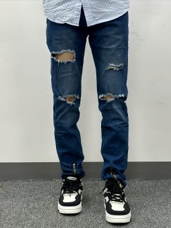 남성용 찢어진 지퍼 청바지